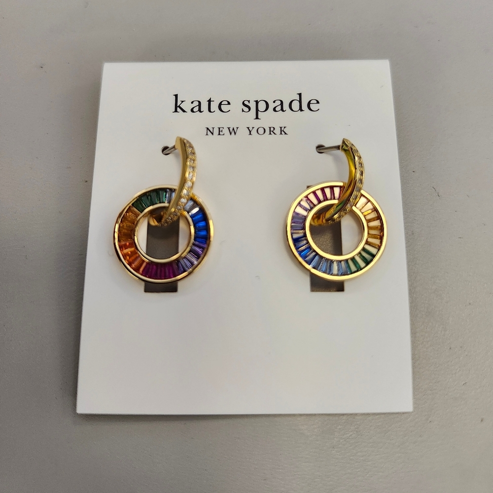 NWT Kate Spade Gold Pavé & Multicolor Mixed Stone Circle Charm Hoop Earr…